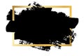 Brush stroke, gold text box, isolated white background. Black paint brush. Grunge texture stroke frame. Ink design Royalty Free Stock Photo