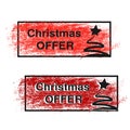 Brush stroke, labels with black symbols of Christmas tree, stickers for Christmas offer. Royalty Free Stock Photo