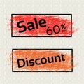 Brush stroke, labels with black text of Sale and Discount. Offer with redand orange stratched spot. Royalty Free Stock Photo