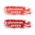 Brush stroke, labels with white symbols of Christmas tree, stickers for Christmas offer. Royalty Free Stock Photo