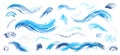 Brush strokes. Blue waves, water spray. Vector abstract set with hand drawn paint brushes. Grunge artistic texture. Doodle style. Royalty Free Stock Photo