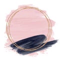 Brush strokes of pink and black paint in a golden round frame isolated on white. Abstract background for text. Royalty Free Stock Photo