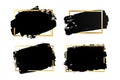 Brush strokes set, gold text box, isolated white background. Black paint brush. Grunge texture stroke frame. Ink design Royalty Free Stock Photo