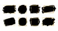 Brush strokes set, gold text box, isolated white background. Black paint brush. Grunge texture stroke frame. Ink design Royalty Free Stock Photo