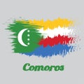 Brush style color flag of Comoros, yellow white red and blue with green chevron, crescent and star.
