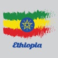 Brush style color flag of Ethiopia, tricolor of green, yellow and red with the National Emblem. with text Ethiopia.