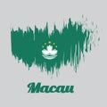 Brush style color flag of Macau, green with a lotus and stylised Governor Nobre de Carvalho Bridge and water in white.