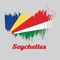 Brush style color flag of Seychelles, five oblique bands of blue yellow red white and green.