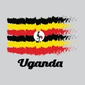 Brush style color flag of Uganda, black yellow and red ; a white disc depicts the national symbol, a grey crowned crane.