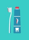 Brush and toothpaste for tooth. Toothbrush with paste tube for teeth. Icon of white and clean tooth. Dental illustration for care Royalty Free Stock Photo