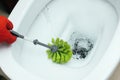 Brush up Toilet for cleanliness and hygiene. Cleaning toilet bowl using brush. Clean water flushes the toilet.. House cleanliness Royalty Free Stock Photo