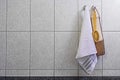 Brush washcloth and towel hanging on a hook in the bathroom, on