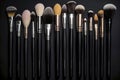 Brushed Elegance: Assorted Makeup Brushes Set Against a Sleek Black Background, Elevating Cosmetic Artistry, ai generative