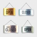 Brushed metal Open and Closed hanging signboards. Vintage door sign for cafe, restaurant, bar or retail store Royalty Free Stock Photo