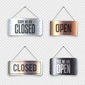 Brushed metal Open and Closed hanging signboards. Vintage door sign for cafe, restaurant, bar or retail store Royalty Free Stock Photo