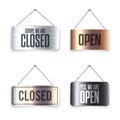 Brushed metal Open and Closed hanging signboards. Vintage door sign for cafe, restaurant, bar or retail store Royalty Free Stock Photo