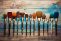 Brushes arranged for artistic creativity on a textured wooden canvas