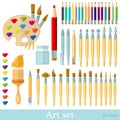 Brushes, color pencils, pens and all colour brushstroke. Big set of flat tools for drawing and paintind isolated on white