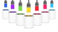 Brushes with colorful paints in air over cans on white background Royalty Free Stock Photo