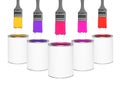 Brushes with colorful paints in air over cans on white background Royalty Free Stock Photo