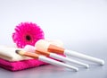 Brushes for make-up on towel with big pink flower Royalty Free Stock Photo