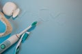 Brushes, model of the jaw and dental floss on a blue background Royalty Free Stock Photo