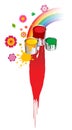 Brushes, paint, buckets, flowers and rainbow Royalty Free Stock Photo