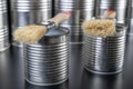 Brushes for painting with paint and cans on a workshop table. Painting accessories prepared for painting Royalty Free Stock Photo