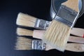 Brushes for painting with paint and cans on a workshop table. Painting accessories prepared for painting Royalty Free Stock Photo