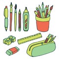 Brushes, pencils, pens, ruler, sharpener and eraser icons.