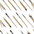 Brushes and pencils seamless pattern. Tools and materials of the artist for drawing. Craft creative people. Equipment in
