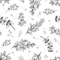 Creative seamless pattern in trendy doodle style. Vector background  with hand drawn texture and leaves. Abstract natural elements Royalty Free Stock Photo