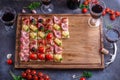 Brushetta or authentic traditional spanish tapas set for lunch table. Sharing antipasti on party or summer picnic time Royalty Free Stock Photo