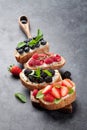 Brushetta or traditional spanish tapas with various berries. Appetizers italian antipasti snacks set Royalty Free Stock Photo