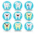 Brushing emoji teeth vector design. Healthy, white and happy tooth emojis in toothbrush cleaning for strong and shiny dental care. Royalty Free Stock Photo