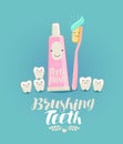 Brushing teeth, banner. Tooth, toothpaste, toothbrush, dentistry, dental clinic concept. Cartoon vector illustration