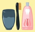 Set for brushing teeth and oral hygiene. Morning routine. Dental care. Vector flat and multasch illustration on a yellow