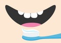 Brushing teeth Toothrush with toothpaste Mouth with tongue and healthy tooth. Smiling face. Body part. Cute cartoon character. Ora