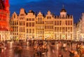 The historical buildings on The Grand Place Grote Markt, the central square of Brussels at the evening Royalty Free Stock Photo