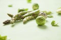 Brussel sprouts, asparagus and quail eggs on optimistic green background. Royalty Free Stock Photo