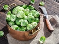 Brussel sprouts in the copper pan on the old wooden table