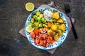 Brussel sprouts and tomato salad bowl, healthy and balanced food with baked potatoes Royalty Free Stock Photo