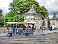 BRUSSELS - APRIL 26: Tourists riding beer bicycle near the Royal Park in Brussels. Photo taken on April 26, 2019 in Brussels, Belg