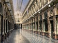 Brussels, Belgium, April 25, 2020 - inside the empty luxury glazed shopping arcade Les Galeries Royales Saint-Hubert during the