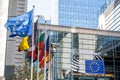 The Konstantinos Karamanlis bridge with flags of the members of the European Union blowing in the wind in Brussels, Belgium