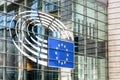 Close-up view of the logo of the European Parliament in the Espace Leopold in Brussels, Belgium