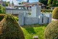 BRUSSELS, BELGIUM - 17 April 2017: Miniatures at the park Mini-Europe - reproduction of the Castle of Guimaraes, Portugal Royalty Free Stock Photo