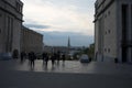 Brussels, Belgium - April 14 : People walk at the Gardens of Mont des Arts and belfry of Town Hall ,Brussels, Belgium, Europe on