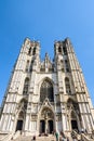 Low angle view of the facade of the Cathedral of St. Michael and St. Gudula in Brussels, Belgium