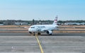 Airplane of Brussels Airlines at runway of Brussels Airport, Zaventem, Belgium.